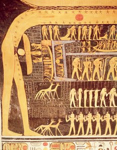 Detalhe do livro do dia do teto da câmara funerária do túmulo de Ramsés VI (r.1143-1136 aC) Novo Reino (pintura de parede)