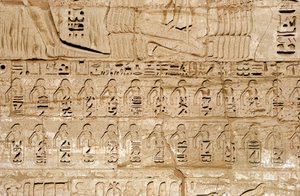 Antiquite egípcio: detalhe dos relevos da primeira torre representando os emblemas das cidades conquistadas pelo faraó Ramsés III. Templo Funerário de Ramsés III (1187-1156 a.C.). Luxor, Medinet Habou, Egito de Egyptian 20th Dynasty