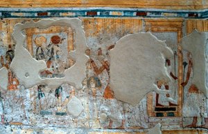 Antiquite egípcio: representação de Shuroy e sua esposa adorando o deus Thot e a deusa Rá. Pintura da Tumba de Shuroy de Egyptian 20th Dynasty