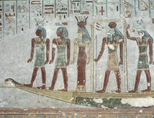 Relevo retratando Khnum em uma barca funerária passando pelo Mundo Inferior, do Túmulo de Ramsés III (c.1184-1153 aC) Novo Reino (calcário pintado) de Egyptian 20th Dynasty