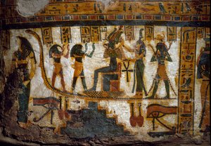 Arte do Egipto: Osíris recebe tributos de quatro divindades: Thot, Maat, Heka (Heqat ou Heqa) e Harsiesi. Um dos deuses tem a chave da vida na forma de uma cruz (Ankh). Abaixo, duas representações do olho oudjat (Horus