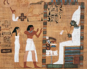 Papyrus representando marido e mulher perante o Tribunal de Osiris
