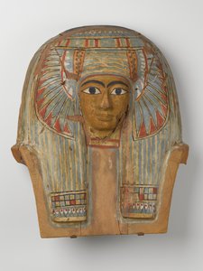 Rosto de uma tampa de caixão de madeira, c.945-715 aC (madeira com gesso e tinta)