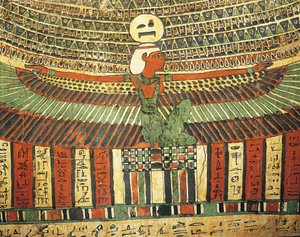 Madeira estucada e pintada representando a deusa Nut a proteger a porta falsa que conduz à vida após a morte, do sarcófago de Tashakheper, Tebas de Egyptian 26th Dynasty