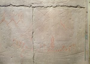 Relevo retratando uma jornada de barco, a partir do Mastaba de Akhethotep, Old Kingdom, c.2400 aC (calcário pintado)