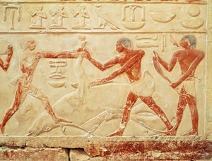 Açougueiros matando um boi, alívio do túmulo da princesa Idut, Old Kingdom, c.2330 aC (calcário pintado)