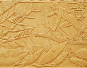 Cena de pesca, a partir do Mastaba de Kagemni, Old Kingdom (calcário)