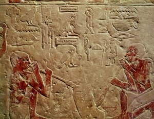 Relevo retratando sopradores de vidro, do Mastaba de Kaemrehu, Saqqara, Reino Antigo, c.2325 aC (calcário pintado)