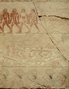 Rebocando um barco, a partir do Mastaba de Mereruka, Old Kingdom (calcário pintado)