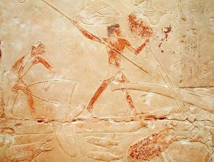 Relevo retratando a pesca com uma rede e arpoando um hipopótamo, da tumba da princesa Idut, Old Kingdom, c.2330 aC (calcário pintado)