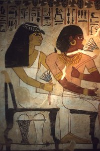 Antigo Egito, Pintura mural, Túmulo de Sennufer, Tebas, Sennufer e a sua irmã Merit seguram flores de lótus, Sennufer, presidente da câmara de Tebas e superintendente do Faraó Amenófis II de Egyptian Egyptian