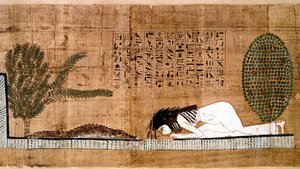 Antiquite egípcio: um representante defunto que venera o crocodilo, símbolo da fecondite. Papiro, de um Livro dos Mortos. Cairo, Museu Egípcio - Antigo Egito: um falecido adorando o crocodilo, símbolo de fertilidade. Papiro do Livro dos Mortos.