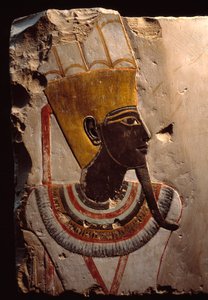 Antiquite egípcia: detalhe de uma pintura sobre calcário retratando o deus da fertilidade Amon Min (Amon-Min). Luxor, Museu de Arte Egípcia de Egyptian Egyptian