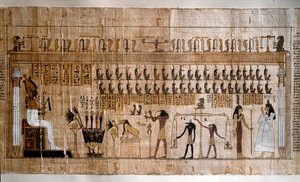 Antiguidade egípcia: a pesagem das almas (psicostasia). Papiro de um Livro dos Mortos. Turim, Museu Egípcio - Antigo Egito: a pesagem das almas (psicóstase). Papiro do Livro dos Mortos. Museu Egípcio, Turim, Itália.