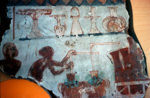Fragmento de uma pintura de parede originalmente de Tebas, representando duas figuras masculinas no ato de preparar ou engarrafar produtos alimentícios em forma líquida, 1540-1479 aC (pintura de parede) de Egyptian Egyptian