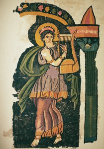 Mulher tocando uma lira, século V-VI (lã tecida) de Egyptian Egyptian