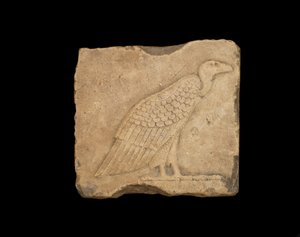 Um bloco com um abutre em pé em um rosto e uma coruja no outro lado, ambos em baixo relevo, período ptolemaico, 305-30 aC (calcário)