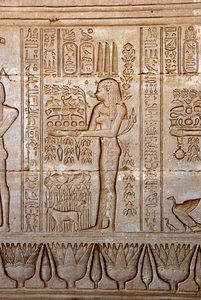 Antiguidade egípcia: representação de uma jovem mulher trazendo oferendas em homenagem à deusa, Templo de Hathor, Denderah, Egito de Egyptian Ptolemaic Period
