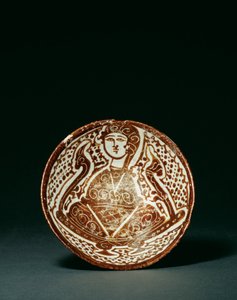 Tigela cônica figural com brilho marrom rico em fatímidas de Egyptian School