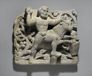 Heracles ferreiro Acheloos na forma de um touro, de Oxyrhynchus, c.300-500 (calcário) de Egyptian School