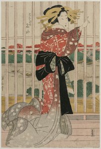 A cortesã Meizan do Chojiya em uma varanda com vista para o rio Sumida, por volta de 1820. de Kikugawa Eizan