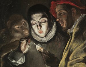 A Fábula - Pintura por Dominicos Theotokopoulos, conhecido como El Greco (1541-1614), óleo sobre tela (50,5x63,6 cm), cerca de 1580 - (A Fábula, óleo sobre tela por El Greco) - Museo del Prado, Madrid (Espanha) de El Greco