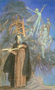 Prospero e Ariel, um estudo para uma imagem perdida encomendado para Broadcasting House, Londres, c.1931 (pastel no papel) de Eleanor Fortescue Brickdale