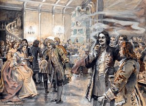 Celebrações da Páscoa no Tribunal de Pedro o Grande (Pierre le grand) - Peinture de Elena Petrovna Samokish Sudkovskaya (Samokish-Sudkovskaya)(1863-1924) - Aguarela, Gouache em papelão, 25,38x35 - Colecção Privada