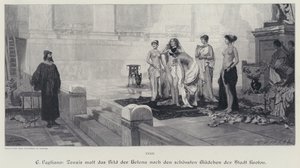 O antigo artista grego Zeuxis escolheu das mais belas mulheres da cidade de Crotone o modelo para a sua pintura de Helena de Tróia (gravura)