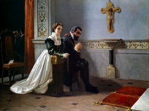 Bianca Cappello e François I de Medici (1541-1587) (Francesco Primo I de Medici) rezam diante de um crucifixo (óleo sobre tela)