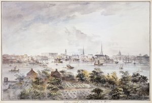 Uma vista de Estocolmo de Kungsholmen com o Palácio Real e a Grande Igreja, a Igreja Alemã, a Igreja de Katarina e a Igreja de Riddarholm,