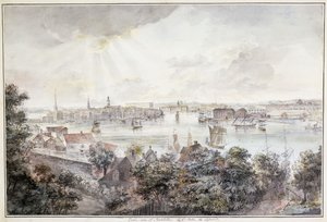 Uma vista de Estocolmo de Soder com o Palácio Real, Storkyrkan, Riddarholmskykan e Tskakykan, de Elias Martin