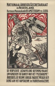 Cartaz contra o militarismo publicado pela Secretaria Nacional dos Trabalhadores na Holanda de Elias Smalhout