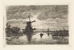 Paisagem com dois moinhos e um barco a remos