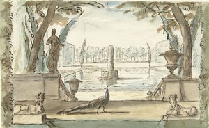 Vista num jardim com um lago, uma fonte e um pavão