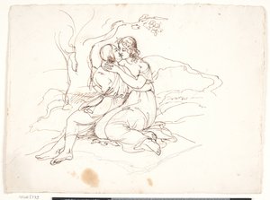Um jovem casal abraçando em uma paisagem de Elisabeth Jerichau Baumann