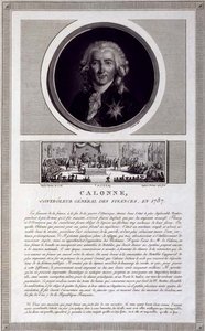 Calonne, Controller General of Finances, em 1787, retrato gravado por Charles Levachez (fl.1760-1820), com uma cena da Assembleia dos Notáveis de Jean Duplessis-Bertaux (1747-1819), c.1803 (gravura)