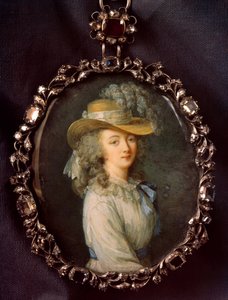Retrato de Jeanne Becu, Condessa (ou Madame) du Barry (1743-1793) Pintura em miniatura em marfim atribuída a Nicolas Lawreince (Le Jeune) (1737-1807) por Elisabeth Louise Vigee-Le Brun (1755-1842) Sun. 0,16x0,12 m.