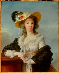 Retrato de Yolande Gabrielle Martine de Polastron, Duquesa de Polignac (1749-1793) com a Pintura de Chapéu de Palha de Marie Elisabeth Louise Vigee Le brun (ou Vigee-Lebrun ou Vigee Lebrun) (1755-1842) 1782 Sol. 0,92x0,73 m - Retrato da duquesa - Retrato de Elisabeth Louise Vigee Lebrun