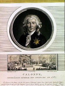 Charles Alexandre de Calonne (1734-1802) controlador geral das finanças de Louis XVI (1754-93) gravado por Charles Levachez (fl.1760-1820) e A Assembléia dos Notáveis, por Jean Duplessi Bertau de Elisabeth Louise after Vigee Lebrun