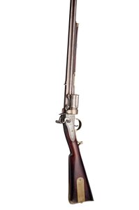 Rifle de pederneira giratório de cinco tiros girado à mão de patente da Collier de 28 furos do tipo militar, c.1819-20 (madeira, aço e latão) de Elisha Haydon Collier