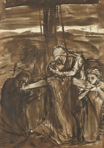 A Descida da Cruz, c.1834-62 (caneta, tinta preta e lavagem castanha sobre papel) de Elizabeth Eleanor (1834-62) Siddal