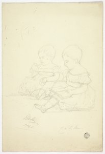 Duas meninas sentadas (reto), uma natureza morta e dois animais (verso) de Elizabeth Murray