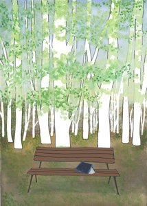 Banco na Floresta, 2017 (aguarela e colagem) de Elizabeth Rider