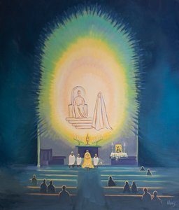 Uma Novena e uma Benção são como uma &39;festa&39; solene para a qual convidados celestiais são convidados, 2002 (óleo a bordo) de Elizabeth Wang