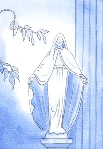 Uma estátua no jardim: Aqui, podemos ver a abordagem sincera de Nossa Senhora a Deus. Ela sempre lhe perguntava: "O que você gostaria que eu fizesse", 2002 (w - c no papel) de Elizabeth Wang