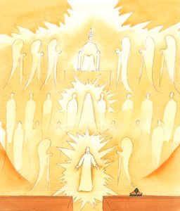 Uma boa preparação para a missa consiste na oração, com uma reflexão sobre a Companhia do Céu com quem rezamos e sobre o Pai Eterno, Fonte de todo o Amor, 2005 (aguarela sobre papel) de Elizabeth Wang