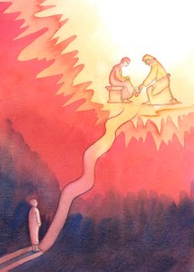 Uma pessoa que, por amor de Deus, ama e serve ao próximo, percorre um árduo caminho em direção ao Céu, com subidas íngremes, 2004 (w - c no papel) de Elizabeth Wang