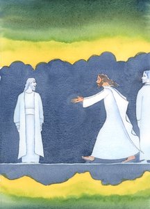 Após a morte de Cristo, Ele passou correndo por muitas pessoas santas no submundo, para saudar Abraão, que obedeceu ao chamado de Deus para deixar seu país., 2004 (w - c no papel) de Elizabeth Wang