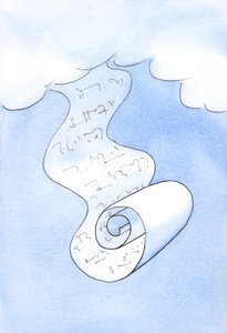 “Toda Doutrina é Uma”. A verdade de Deus é uma; não consiste em muitas partes. É "flui" de Deus, como um pergaminho cai do céu, 2002 (w - c no papel) de Elizabeth Wang